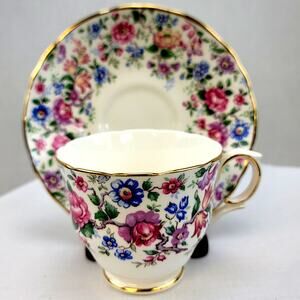 Royal Victoria England Fine China Multi Color Flora Tea Cup and Saucer with Gold